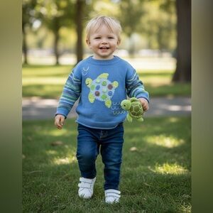 Baby Boy Blue Cotton Turtle Sweater 12 Months